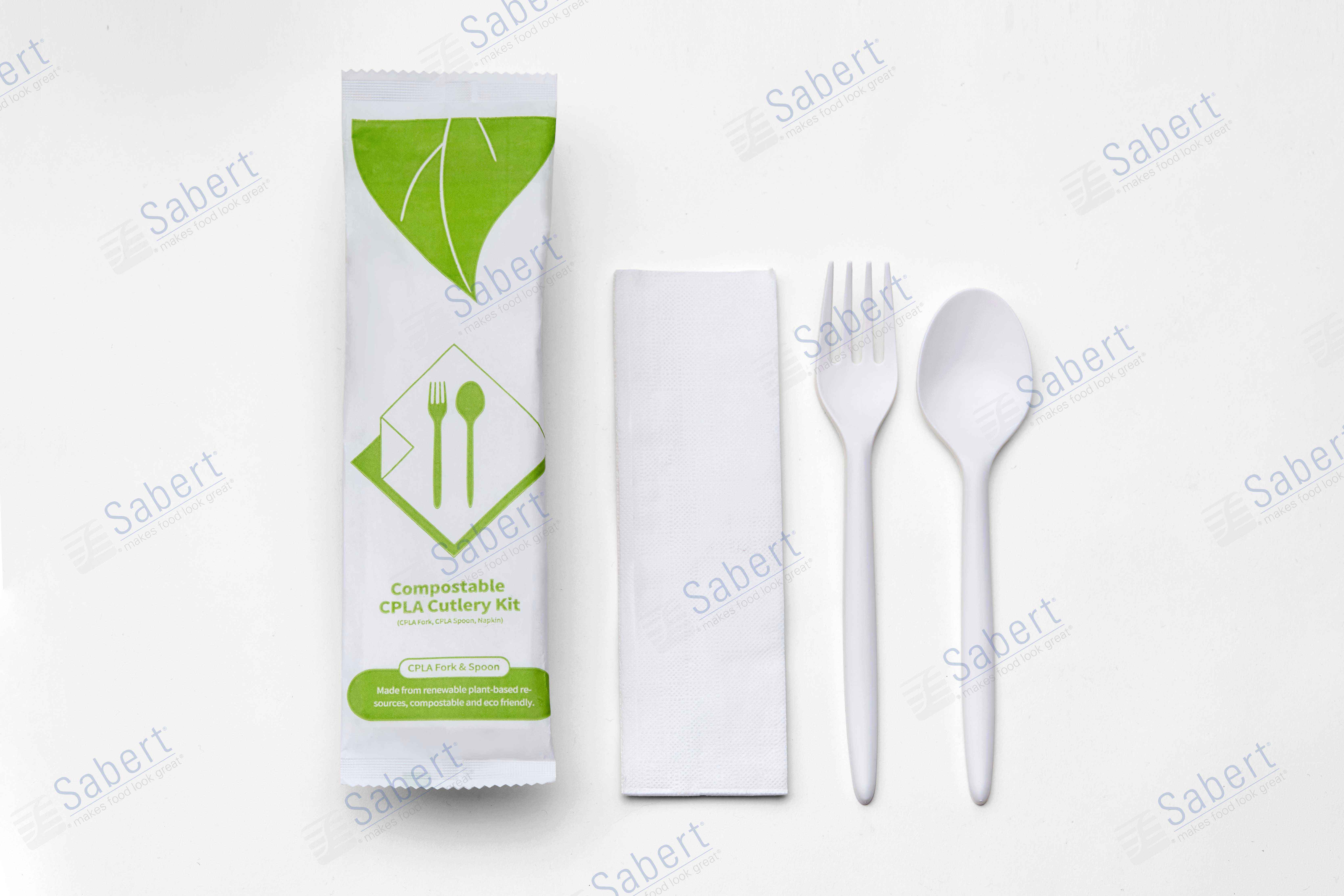 CPLA环保一次性餐具包三合一（CPLA叉、CPLA勺、纸巾） / 白色淋膜纸包装 