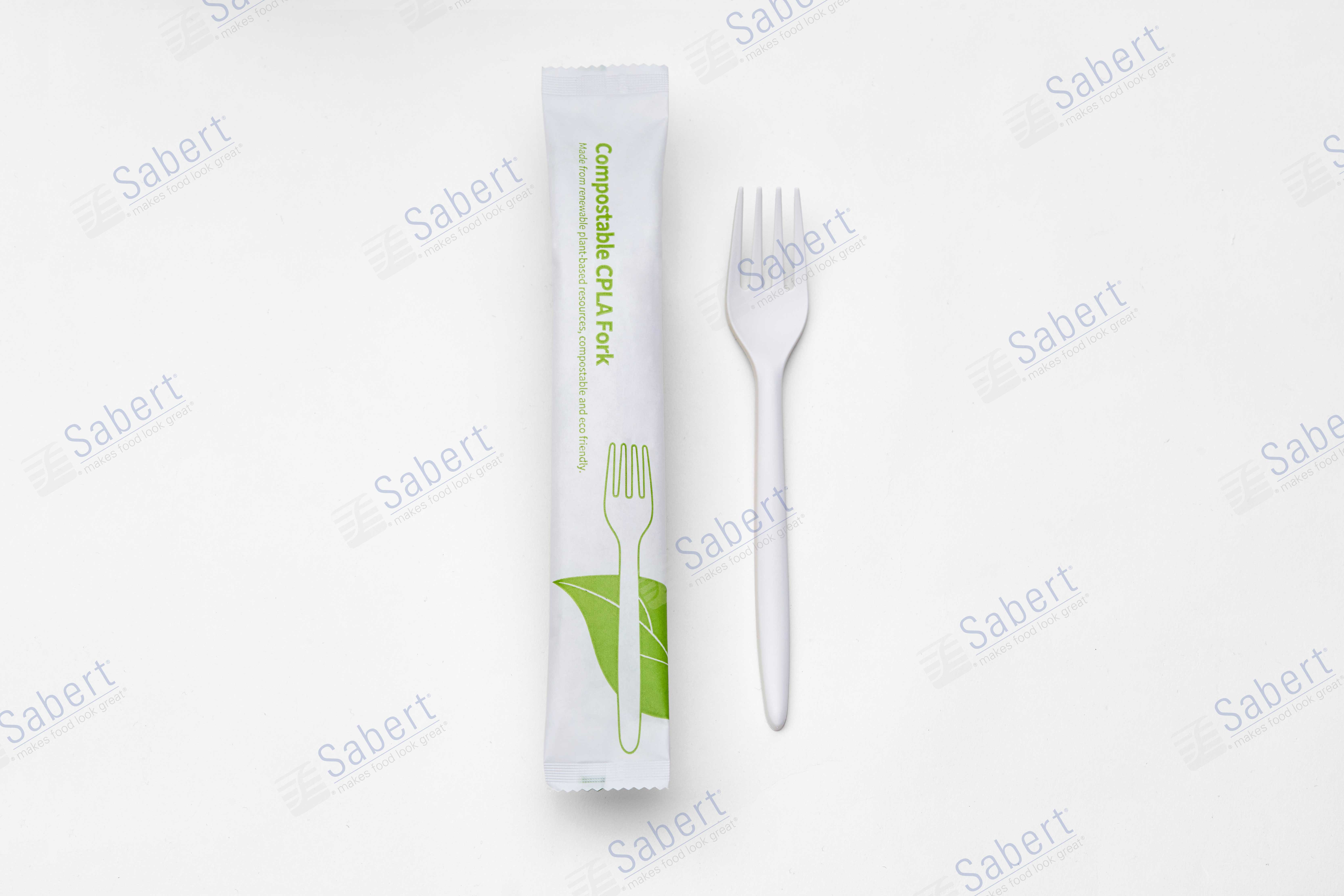 17cm compostable CPLA fork - individual white paper pack