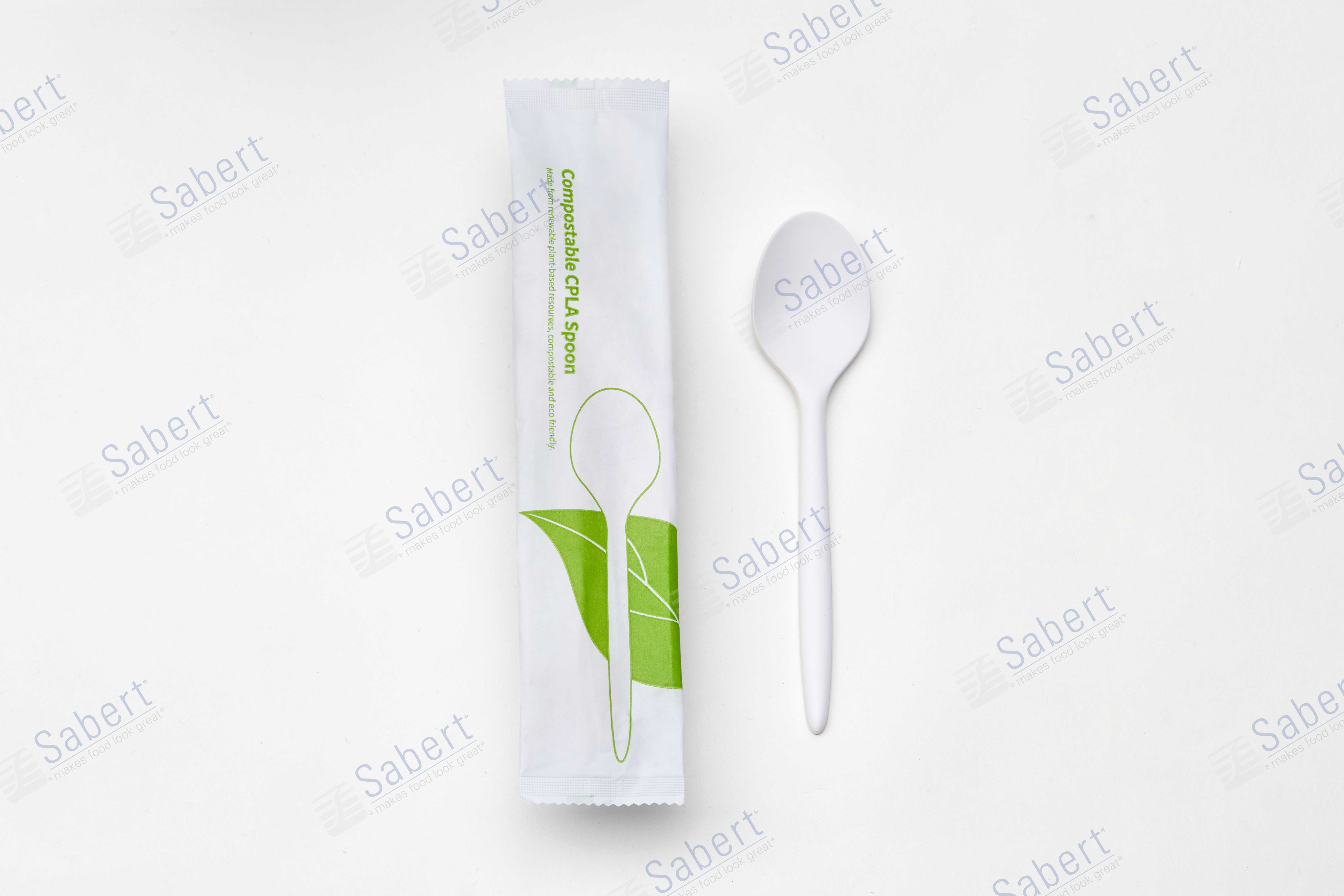 16cm compostable CPLA spoon  - individual white paper pack